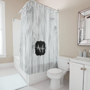 Cool grey bamboo wood print Monogram Shower Curtain