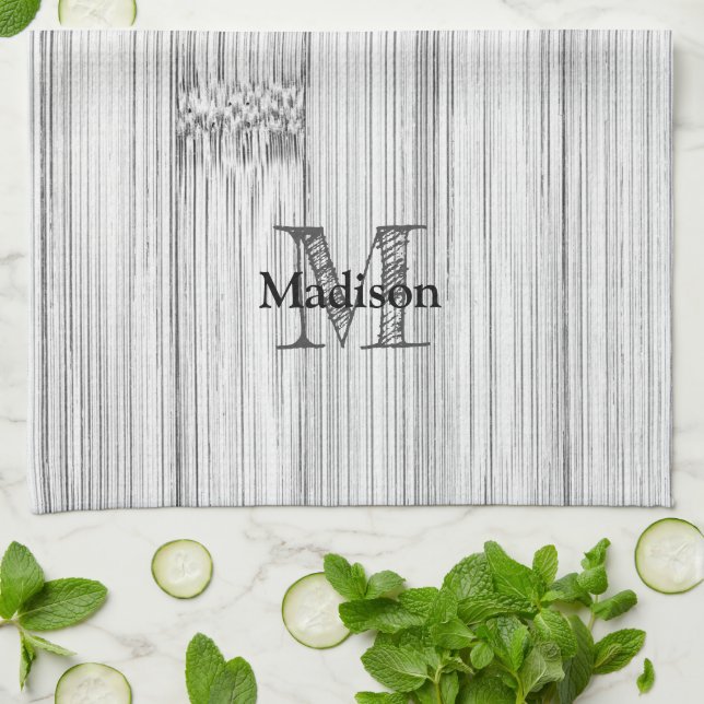 Cool grey bamboo wood print Monogram Tea Towel (Folded)