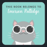 Cool Grey Cat | Turquoise This Book Belongs To Square Sticker<br><div class="desc">Turquoise bookplate sticker featuring a cool grey cat wearing white sunglasses. This book belongs to sticker. Add your child's name in white calligraphy.</div>
