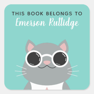 Cool Grey Cat | Turquoise This Book Belongs To Square Sticker