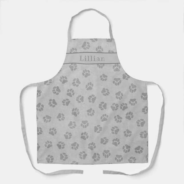 Cool Grey Dog Paw Print Pattern Personalised Apron (Front)