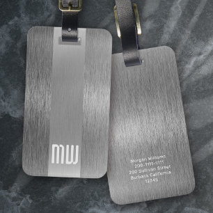 Cool Grey Faux Metal Stripe Bold Monogram Luggage Tag