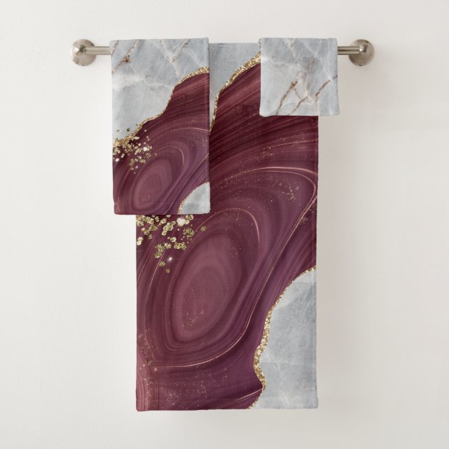 Cool Grey Gold Burgundy Marble Stone Bath Towel Set (Insitu)