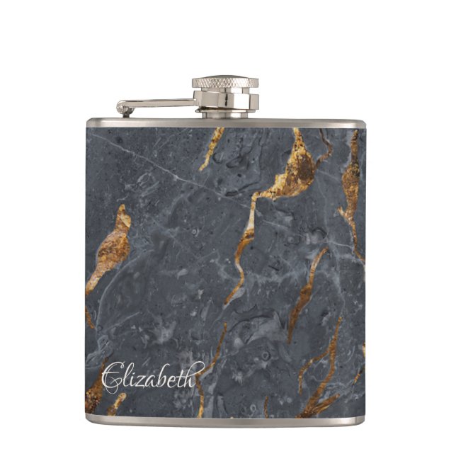 Cool Grey Gold Marble Texture  Hip Flask (Front)