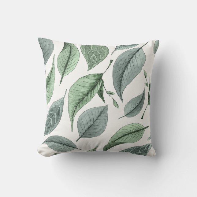 Cool grey green leaves on white cushion (Front)
