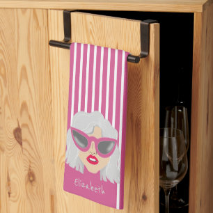 Cool Grey-Haired Woman Pink Custom Name Tea Towel