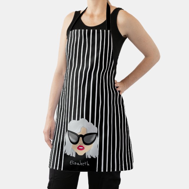Cool Grey-Haired Woman with Glasses Custom Name Apron (Insitu)