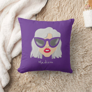 Cool Grey-Haired Woman with Glasses Custom Name Cushion