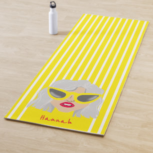 Cool Grey-Haired Woman with Glasses Custom Name Yoga Mat