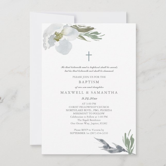 Cool Grey Watercolor Florals Twins Baptism Invitation (Front)