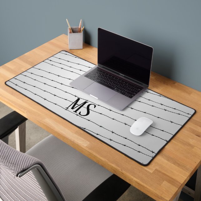 Cool grey white black barbed wire pattern Monogram Desk Mat (Office 2)
