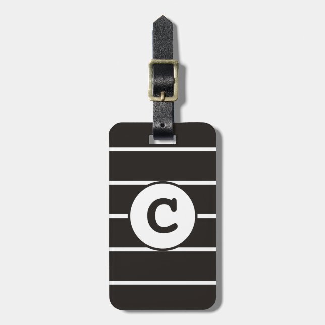 Cool Grey White Striped Monogram Luggage Tag (Front Vertical)