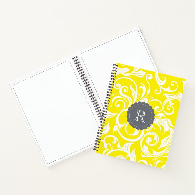 Cool Grey Yellow Floral Wallpaper Swirl Monogram Notebook (Inside)
