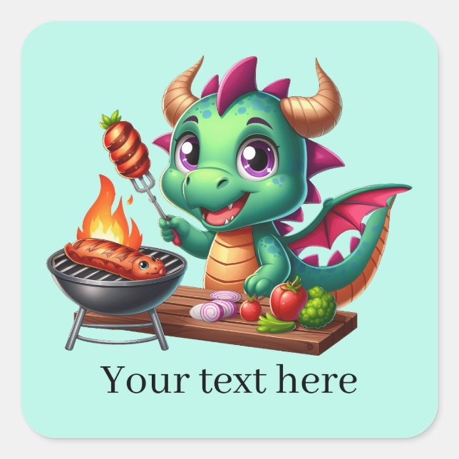 Cool grilling dragon add text  square sticker (Front)