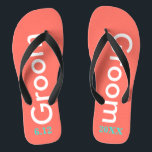 Cool Groom Coral Flip Flops<br><div class="desc">Groom is written in white text against bright coral background.  Personalise with date of wedding in turquoise blue.  Cool beach destination or honeymoon flip flops.  Original designs by TamiraZDesigns.</div>