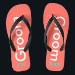 Cool Groom Coral Flip Flops<br><div class="desc">Groom is written in white text against bright coral background. Personalise with date of wedding in turquoise blue. Cool beach destination or honeymoon flip flops. Original designs by TamiraZDesigns.</div>