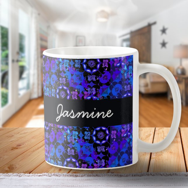 Cool Groovy Boho Retro Chic Blue Purple Hippie Coffee Mug (A hippie inspired coffee mug with cool retro pattern in a groovy style, in blues and purples)