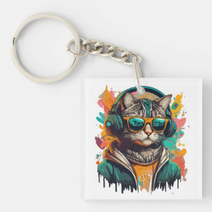 Cool Groovy Cat with Headphones Listening to Music Key Ring