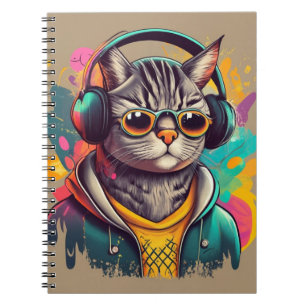 Cool Groovy Cat with Headphones Listening to Music Notebook