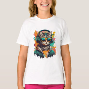Cool Groovy Cat with Headphones Listening to Music T-Shirt