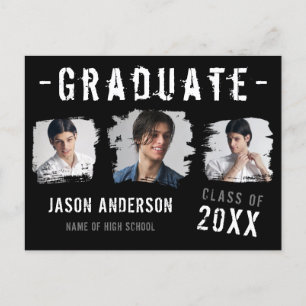 Cool Grunge Black 3 Photo Graduate Announcement Postcard