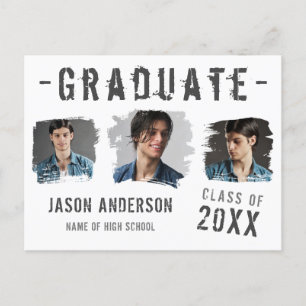 Cool Grunge White 3 Photo Graduate Announcement Postcard