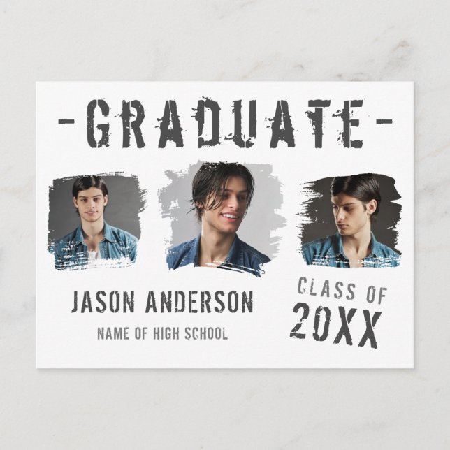 Cool Grunge White 3 Photo Graduate Announcement Postcard (Front)