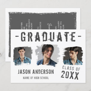 Cool Grunge White 3 Photo Graduation Announcement