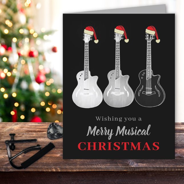 Cool Guitar Christmas Black and White Holiday Card (christmas guitars custom holiday greetings card)
