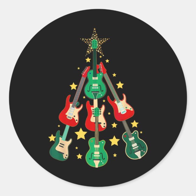 Cool Guitar Christmas Tree Guitar Lovers Christmas Classic Round Sticker (Front)