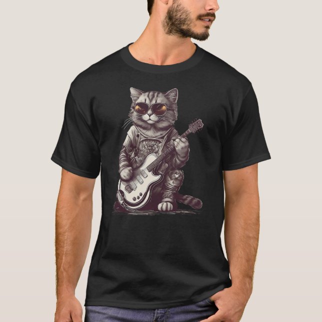 Cool Guitar Playing Cat with Glasses - Band Rock G T-Shirt (Front)