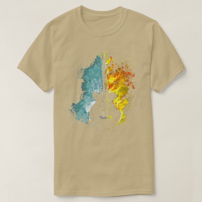 Cool Guitar Tee With Blue and Yellow Flames Guitar (Design Front)