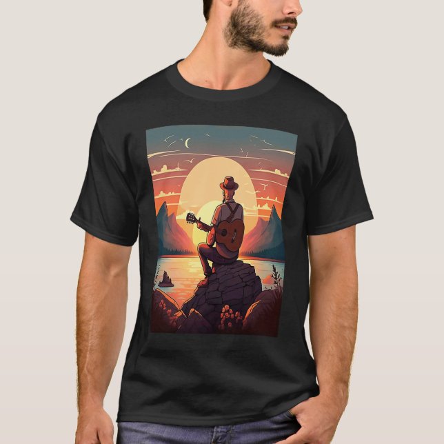 Cool Guitarist Father Dad Playing Guitar In Sunset T-Shirt (Front)