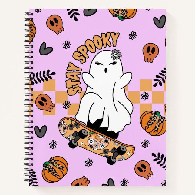 Cool Halloween Ghost on Skateboard Orange Notebook (Front)