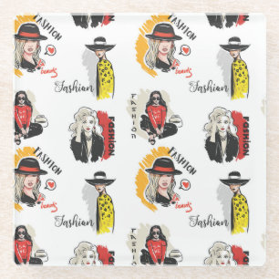 Cool Hand Drawn Sketches of Women's Fashion Glass Coaster