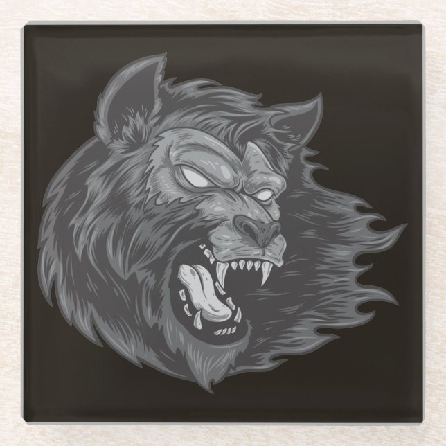 Cool Hand Drawn Ware Wolf Head Illustration Glass Coaster (Front)