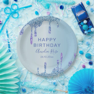 Cool Happy Birthday Glitter Drips Blue Metallic Paper Plate