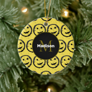 Cool Happy Smiling face pattern yellow Monogram Ceramic Tree Decoration