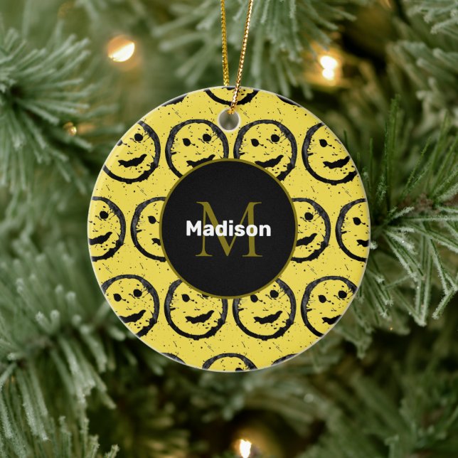Cool Happy Smiling face pattern yellow Monogram Ceramic Tree Decoration (Tree)