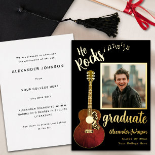 Cool He Rocks Graduate Photo Modern Black and Gold