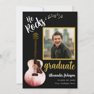 Cool He Rocks Graduate Photo Modern Black and Gold Announcement