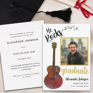 Cool He Rocks Graduate Photo Modern Black and Gold Announcement