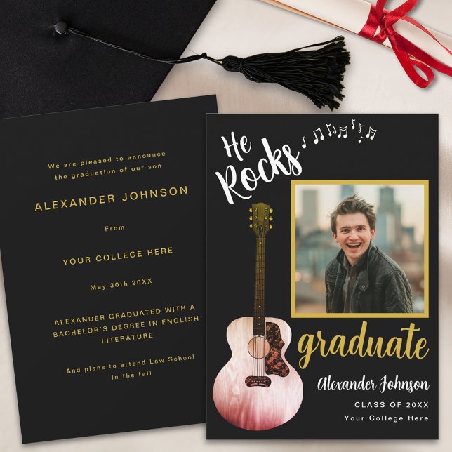 Cool He Rocks Graduate Photo Modern Black Gold Announcement (Cool black and gold graduation announcement card with graduate photo and rustic country guitar)