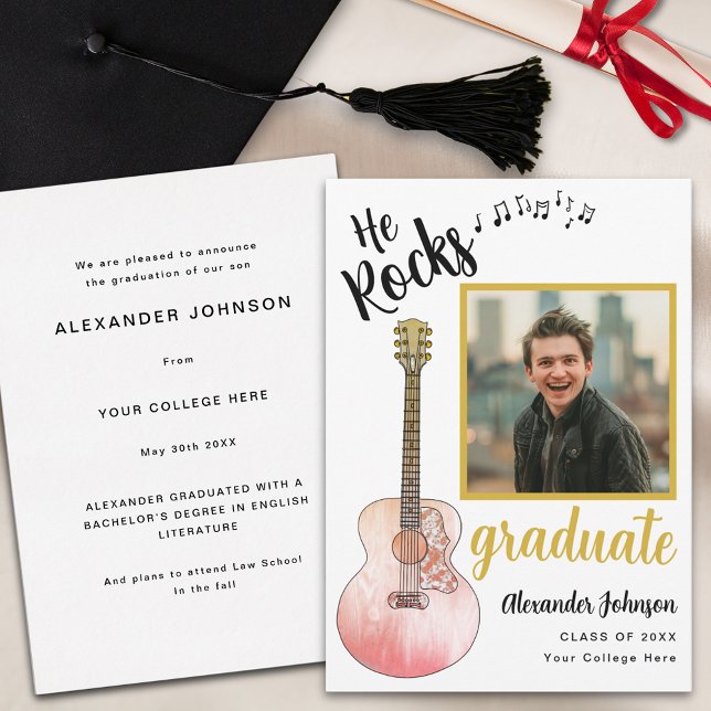Cool He Rocks Graduate Photo Modern Gold Announcement (Cool rustic guitar graduate photo graduation announcement card country music )