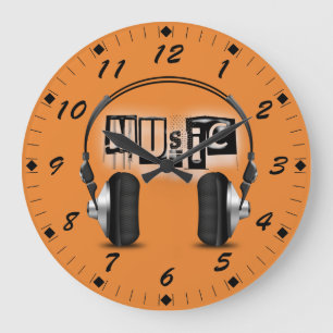 Cool Headphones with the word Music Large Clock