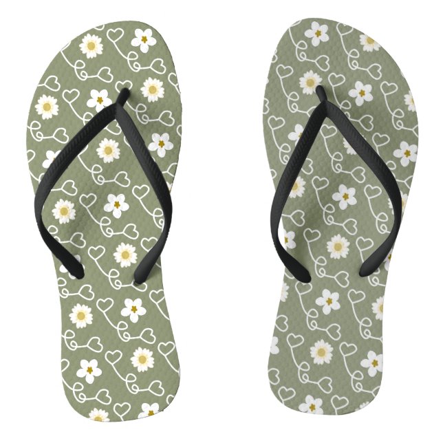 Cool hearts and white flowers on green background flip flops (Footbed)
