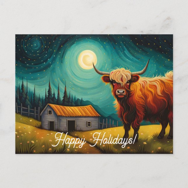 Cool Highland Cow Farm House Holidays Postcard (Front)