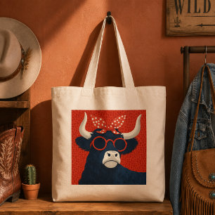 Cool Highland Cow in Retro Polka Dot Bandanna Tote Bag