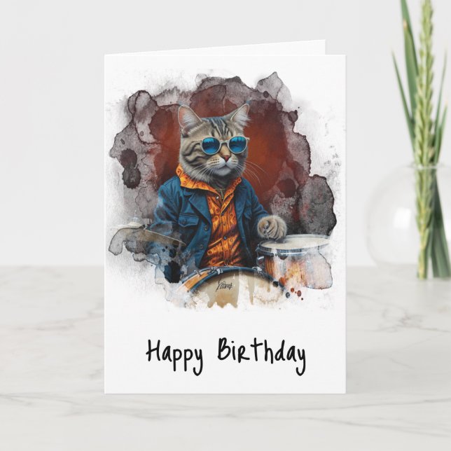 *~* Cool Hip Cat DRUMMER AP91 Birthday Card (Front)