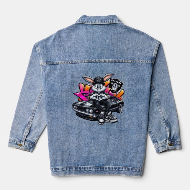 Cool Hip Hop Bunny Graphic Denim Jacket (Back)